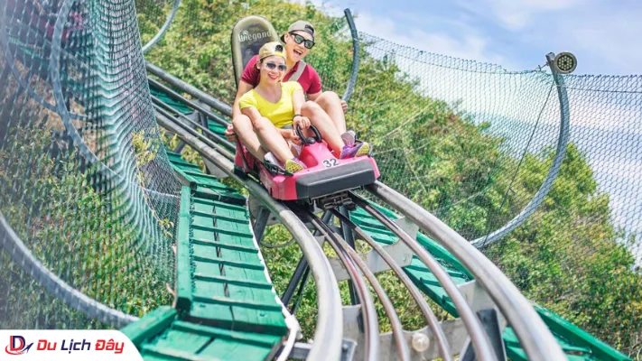 Cặp đôi hào hứng trải nghiệm xe trượt núi Alpine Coaster hướng ra vịnh biển