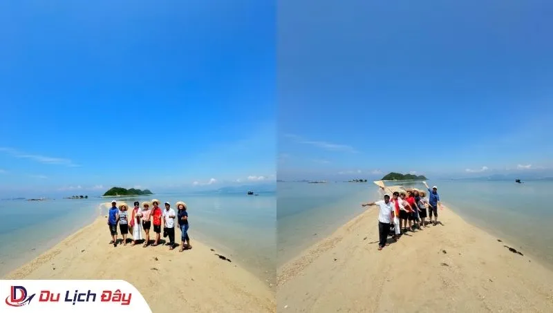 Đoàn khách tạo dáng trên con đường cát trắng giữa biển trong Tour Điệp Sơn - Dốc Lết