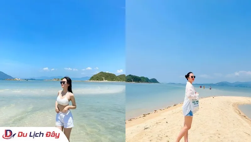 Du khách tạo dáng trên con đường cát trắng giữa biển trong Tour Điệp Sơn - Dốc Lết