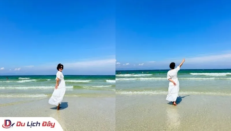 Du khách tạo dáng tại bãi biển Dốc Lết trong Tour Điệp Sơn - Dốc Lết