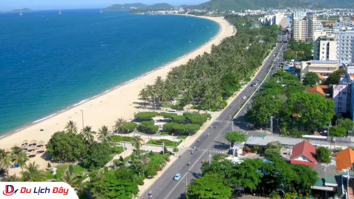 Cung đường ven biển Trần Phú sầm uất với hàng dừa xanh mướt và bãi cát vàng trải dài dọc vịnh Nha Trang